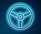 Glowing neon line Steering wheel icon isolated on blue background. Car wheel icon. Vector