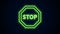 Glowing neon line Stop sign icon isolated on black background. Traffic regulatory warning stop symbol. 4K Video motion