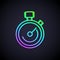 Glowing neon line Stopwatch icon isolated on black background. Time timer sign. Chronometer sign. Vector