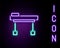 Glowing neon line Stretcher icon isolated on black background. Patient hospital medical stretcher. Colorful outline