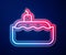 Glowing neon line Submarine icon isolated on blue background. Military ship. Vector