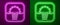 Glowing neon line Sunrise icon isolated on purple and green background. Vector