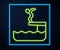 Glowing neon line Swimmer diving into pool icon isolated on brick wall background. Vector