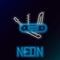 Glowing neon line Swiss army knife icon isolated on black background. Multi-tool, multipurpose penknife. Multifunctional
