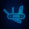 Glowing neon line Swiss army knife icon isolated on brick wall background. Multi-tool, multipurpose penknife