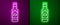 Glowing neon line Tabasco sauce icon isolated on purple and green background. Chili cayenne spicy pepper sauce. Vector