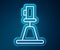 Glowing neon line Tacheometer, theodolite icon isolated on blue background. Geological survey, engineering equipment for