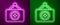 Glowing neon line Tailor shop icon isolated on purple and green background. Vector Illustration