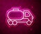 Glowing neon line Tanker truck icon isolated on red background. Petroleum tanker, petrol truck, cistern, oil trailer