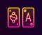 Glowing neon line Tarot cards icon isolated on black background. Magic occult set of tarot cards. Vector