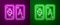 Glowing neon line Tarot cards icon isolated on purple and green background. Magic occult set of tarot cards. Vector