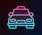 Glowing neon line Taxi car icon isolated on black background. Vector