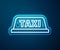 Glowing neon line Taxi car roof icon isolated on blue background. Vector Illustration