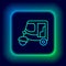 Glowing neon line Taxi tuk tuk icon isolated on black background. Indian auto rickshaw concept. Delhi auto. Colorful