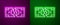 Glowing neon line Tearing apart money banknote into two peaces icon isolated on purple and green background. Vector