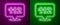 Glowing neon line Telephone with emergency call 112 icon isolated on purple and green background. Police, ambulance