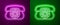 Glowing neon line Telephone icon isolated on purple and green background. Landline phone. Vector Illustration