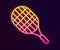 Glowing neon line Tennis racket icon isolated on black background. Sport equipment. Vector Illustration.
