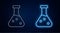 Glowing neon line Test tube and flask chemical laboratory test icon isolated on brick wall background. Laboratory