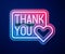 Glowing neon line Thank you with heart icon isolated on blue background. Handwritten lettering. Vector