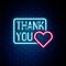 Glowing neon line Thank you with heart icon isolated on brick wall background. Handwritten lettering. Colorful outline