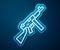 Glowing neon line Thompson tommy submachine gun icon isolated on blue background. American submachine gun. Vector