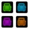 Glowing neon line Toaster with toasts icon isolated on white background. Black square button. Vector Illustration