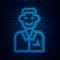 Glowing neon line Trader icon isolated on brick wall background. Businessman trading stocks. Vector