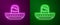 Glowing neon line Traditional mexican sombrero hat icon isolated on purple and green background. Vector