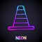 Glowing neon line Traffic cone icon isolated on black background. Vector