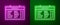 Glowing neon line Train station board icon isolated on purple and green background. Mechanical scoreboard. Info of