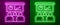 Glowing neon line Training, presentation icon isolated on purple and green background. Vector