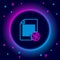 Glowing neon line Transfer files icon isolated on black background. Copy files, data exchange, backup, PC migration