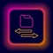 Glowing neon line Transfer files icon isolated on black background. Copy files, data exchange, backup, PC migration