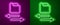 Glowing neon line Transfer files icon isolated on purple and green background. Copy files, data exchange, backup, PC