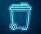 Glowing neon line Trash can icon isolated on blue background. Garbage bin sign. Recycle basket icon. Office trash icon