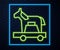 Glowing neon line Trojan horse icon isolated on brick wall background. Vector