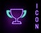 Glowing neon line Trophy cup icon isolated on black background. Award symbol. Champion cup icon. Colorful outline