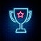 Glowing neon line Trophy cup icon isolated on brick wall background. Award symbol. Champion cup icon. Colorful outline