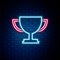 Glowing neon line Trophy cup icon isolated on brick wall background. Award symbol. Champion cup icon. Colorful outline
