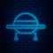 Glowing neon line UFO flying spaceship icon isolated on brick wall background. Flying saucer. Alien space ship