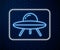 Glowing neon line UFO flying spaceship icon isolated on brick wall background. Flying saucer. Alien space ship