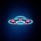 Glowing neon line UFO flying spaceship icon isolated on brick wall background. Flying saucer. Alien space ship