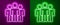 Glowing neon line Users group icon isolated on purple and green background. Group of people icon. Business avatar symbol