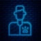 Glowing neon line Veterinarian doctor icon isolated on brick wall background. Vector