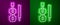 Glowing neon line Violin icon isolated on purple and green background. Musical instrument. Vector