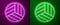 Glowing neon line Volleyball ball icon isolated on purple and green background. Sport equipment. Vector Illustration