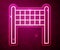 Glowing neon line Volleyball net icon isolated on red background. Vector