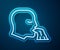 Glowing neon line Vomiting man icon isolated on blue background. Symptom of disease, problem with health. Nausea, food