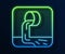 Glowing neon line Wastewater icon isolated on blue background. Sewer pipe. From the pipe flowing liquid into the river